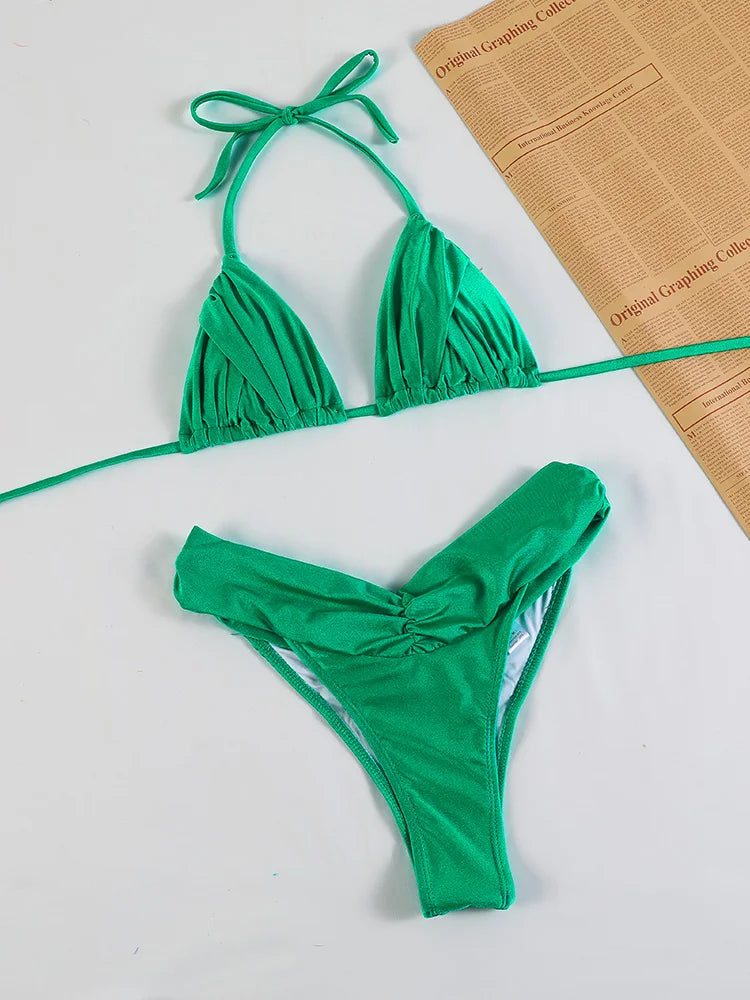 Pleated Brazilian Folds Bikini Set, Sexy Micro Bikinis, 2023 Women Swimsuit, Female Triangle Swimwear, Beach Wear Bathing Suit - 3KDyn